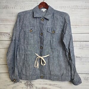J Jill Love Linen Womens XS Chambray Pocket‎ Tie Linen Collared Button Coat Blue